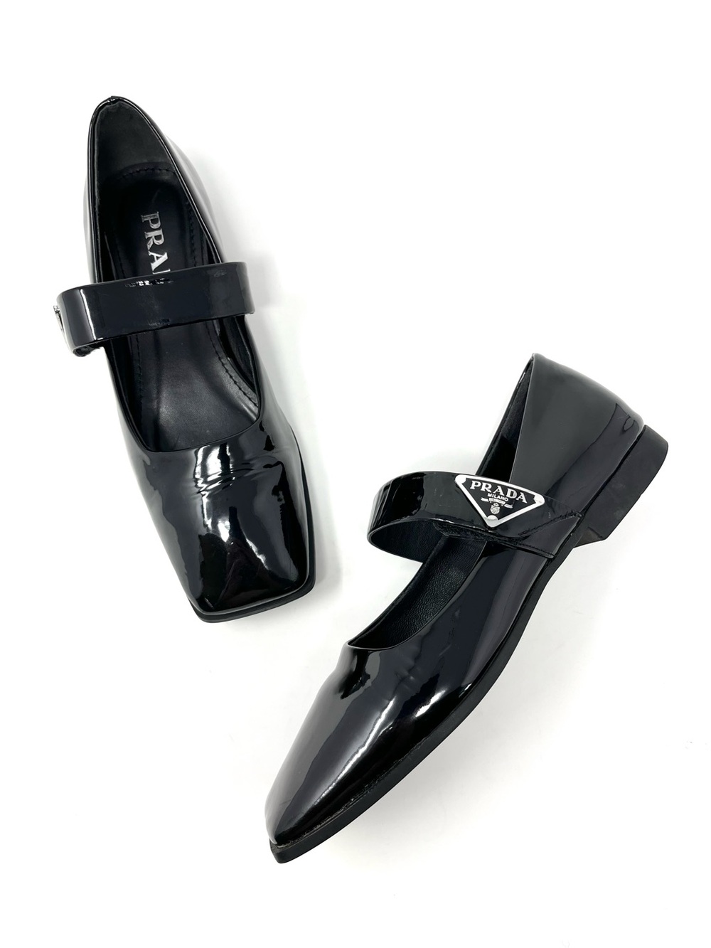 Prada Black Patent Leather Square Toe Triangle Logo Mary Jane Janes Flats 38 8 - Picture 11 of 11